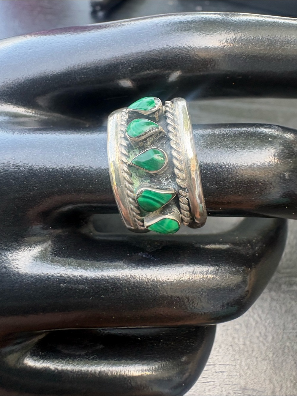 Vintage Navajo Sterling Silver Green Malachite 5 Stone Inlay Ring - Size 8.5